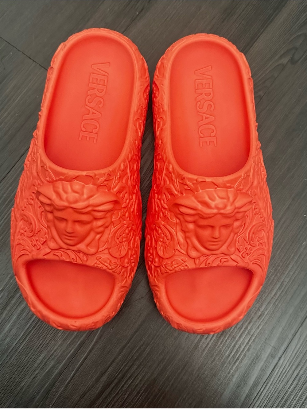 Versace 3D Orange Rubber Medusa Head Pool Slide Sandals
